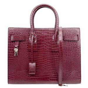 Yves Saint Laurent  Sac de Jour Crocodile Embossed Leather Satchel Bag Burgundy